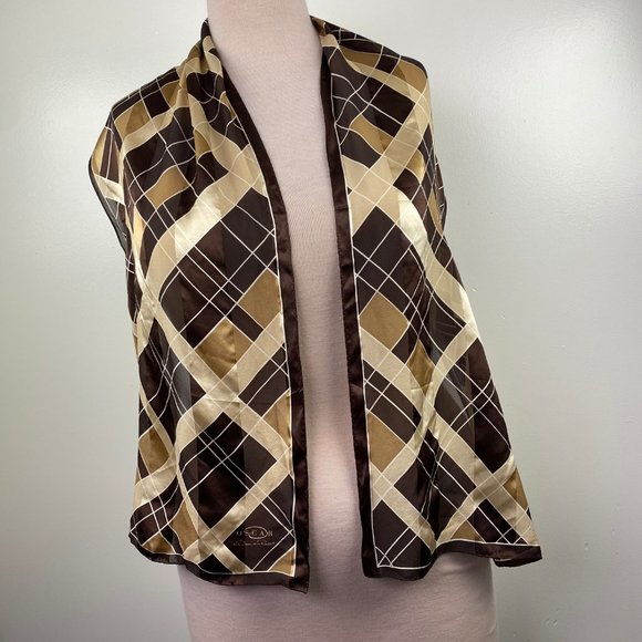 Vintage Oscar De La Renta Brown and Tan Geometric 100% Silk Scarf 62" X 13.25" - Picture 3 of 9